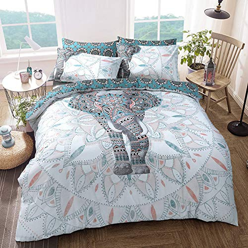 Sleepdown - Set di biancheria da letto con copripiumino e federe, motivo: elefante mandala, color foglia di tè, reversibile, facile da lavare, anallergico, morbido e liscio, super king size