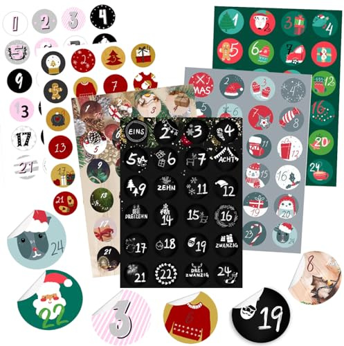 KOHMUI Calendario de Adviento con números, 6 x 24 unidades, pegatinas para calendario de Adviento, para manualidades y adornos, pegatinas de regalo autoadhesivas