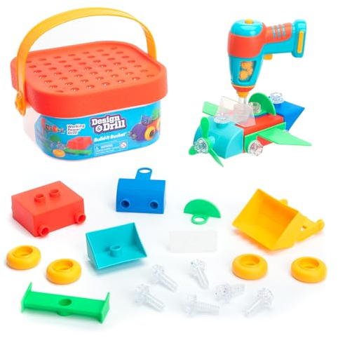 Learning Resources Design & Drill Build-It Bucket STEM Toy, 41 Pieces with Electric Drill Toy, Travel Toys for Boys & Girls, Ages 3+