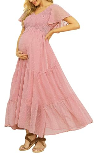 Swiss Dot Smocked Maternity Dress for Baby Shower Photoshoot Casual V Neck Ruffle Sleeve Empire Waist Tiered Boho Dress B Pink