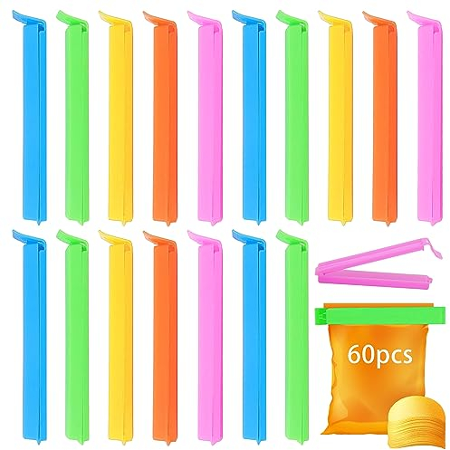ZIOYA 60 Stück Verschlussclips Verschlussklammern Lebensmittel Kunststoff Tütenclips Multicoloured Dichtungsclip Beutelclips Gefrierbeutel Clips für Küche Büro Nüsse Snack(11cm/4.33in)