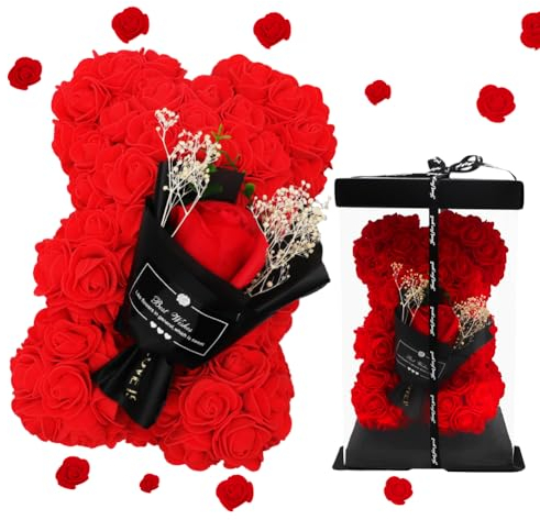 DASIAUTOEM Rosen Blumenbär Geschenkbox und Schleife, Infinity Blumenbär mit Handstrauß, Ewige Rose für Einzigartige Geschenke Freundin, Mütter Jahrestag, Hochzeit, Geburtstagsgeschenke (Rot)