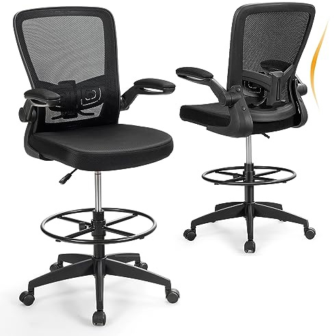 COSTWAY Silla Escritorio con Respaldo Alto, Silla Oficina Reposabrazos Abatibles de 90°y Anillo de Reposapiés, Altura Ajustable, Cadeira Escritorio Giratoria de 360°