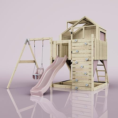 Rebo Spielturm mit Spielhaus inkl. Wellenrutsche und Baby-Schaukel | Outdoor Klettergerüst Garten | Kletterwand und Kletterleiter | Stabile Konstruktion, Weiches Gefühl in den Seilen
