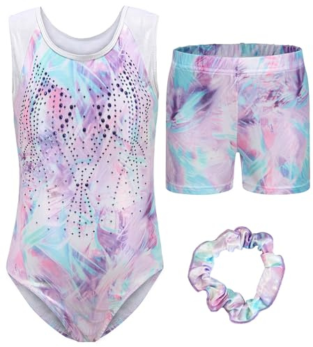 Happy Cherry Kinder Gymnastikanzug Ärmellos Gymnastikbody Shorts Set Glänzende Turnanzug für Mädchen Kunstturnen Bekleidung 7-8 Jahre