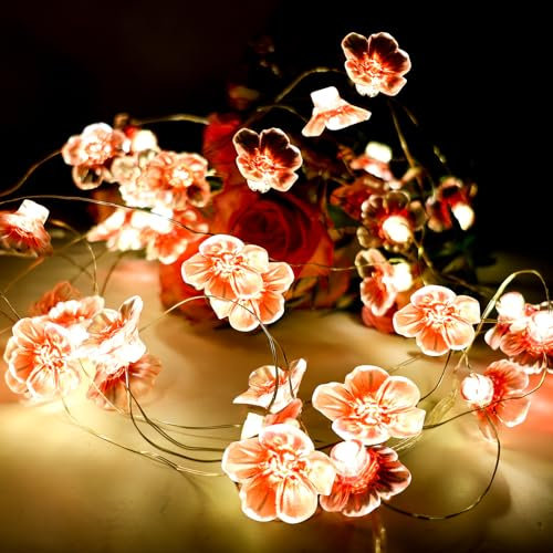 Goerpn Cherry Blossom Fairy String Lights 13ft 40 LEDs USB Operated Waterproof Indoor Outdoor Easy to Shape for Wedding Christmas Valentines Girls Bedroom