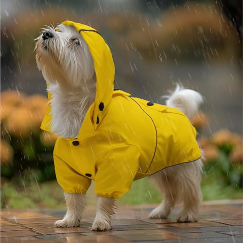 Navaris Hooded Dog Raincoat - Dog Waterproof Rain Coat w/Elastic Band for Legs - Water-Resistant w/Removable Hood - Raincoats with Sizes for Small Medium & Large Dogs - S Yellow