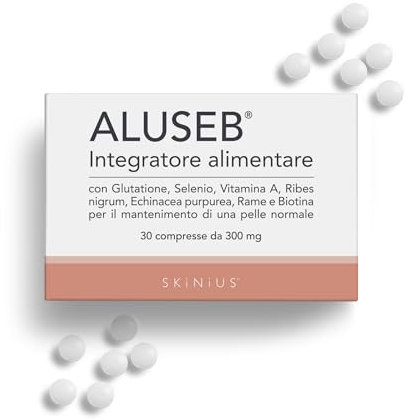 Aluseb - Integratore Alimentare a Base di Glutatione, Selenio, Vitamina A, Ribes Nigrum, Echinacea Purpurea, Rame e Biotina per il Mantenimento di una Pelle Normale - 30 compresse da 300mg