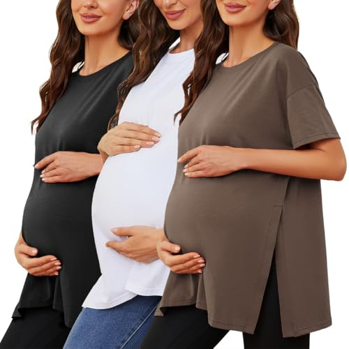 Liu & Qu Women's Maternity Shirts Short Sleeve Pregnancy Tops Loose Split Side Tunic Blouse Mama Clothes 3 Packs, Black+coffee+white, XXL