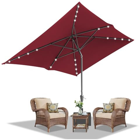 Daromigo Sonnenschirm Rechteckig LED Solar 300 x 200 cm Rot mit Kurbel | Ampelschirm Sonnenschutz UV50+, 30° knickbar, Gartenschirm Terrassenschirm wasserdicht für Garten, ohne Ständer