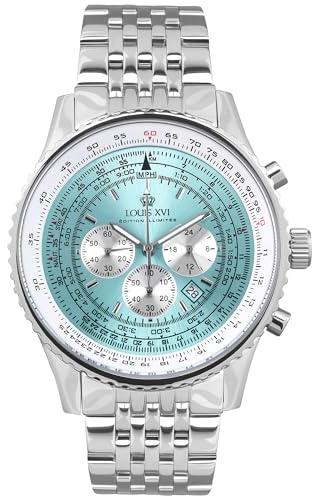 LOUIS XVI Artagnan 3422 - Ø 47.5 mm - Herren Uhr - Chronograph - Wasserdicht - Uhr mit Saphirglas - Armband Silber - Zifferblatt Türkis