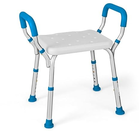 COSTWAY Tabouret de Douche, 6 Hauteurs Réglables 36-49cm, Chaise de Douche, Accoudoirs Amovibles, Pieds En Caoutchouc Antidérapants, Tabouret Salle de Bain pour Agées Handicapées Femme Enceinte (Bleu)