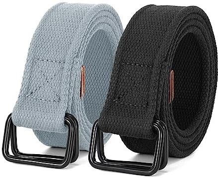 JASGOOD Men Canvas Fabric Belts Casual Web Cloth Belts with Black Double Ring Buckle 2 Pack, Black+Light Gray