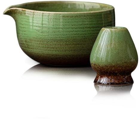 Mabecol Matcha Kit 2 Pièce, Bol Matcha Japonais 510ml avec Support Chasen, Bol en Céramique Émaillée à Bec Verseur et Support Fouet, Kit 2 Pièces Thé Vert Latte, Vert