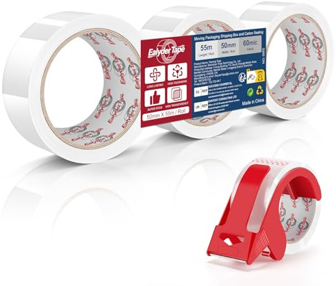 Ealyder Tape Ruban Adhésif Transparent d’Emballage 3 Rouleaux avec Dérouleur – 50mm x 55m, Ruban Résistant pour Cartons, Colis, Déménagement et Expédition