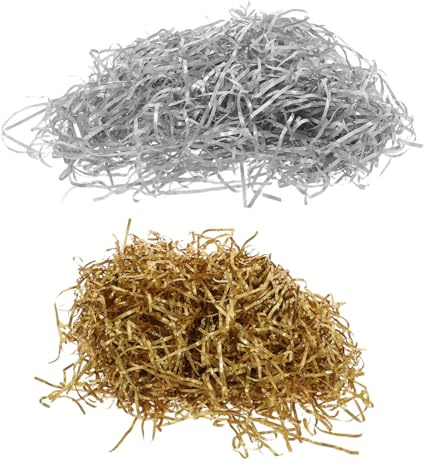DEARMAMY Metallic Crinkle Cut Paper Filler Dubbelfärgad Guld och Silver Glittrande Pappersstrimlor för Bröllop Födelsedag och Festdekoration Glänsande Fyllnad för Presentlådor och Påsar