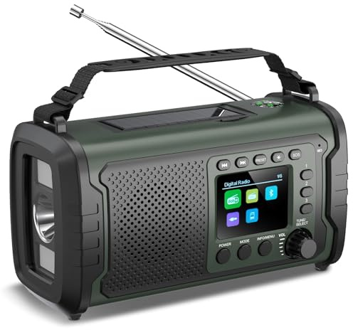 Radio DAB+/FM 27000mAh a Manovella e Solare – Radio di Emergenza con Powerbank, Bluetooth 5.3, SOS, Torcia e Bussola per Outdoor e Campeggio, Verde militare