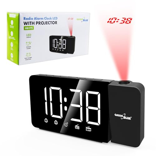 Green Blue GB172 Radio Sveglia Digitale con Proiettore Orario, Grande Display LED, Radio FM, Alimentazione USB, Snooze, 12/24 Ore, Nero