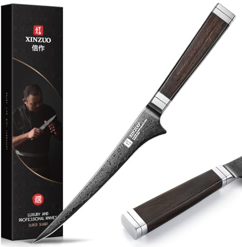 XINZUO 18,4cm Coltello per Sfilettare da Cucina Acciaio Damasco a 67 Strati-Lama Nera -Professionale Coltello da Filetto Cucina Bordo Disossare Pesce e Carne -Manico in Legno di Ebano