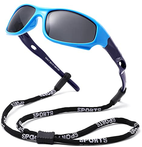Pro Acme Kids Sunglasses for Boys Girls, Polarized Sports Child Youth Baseball Sunglasses with Strap for Kids Ages 3-12 (Baby Blue)