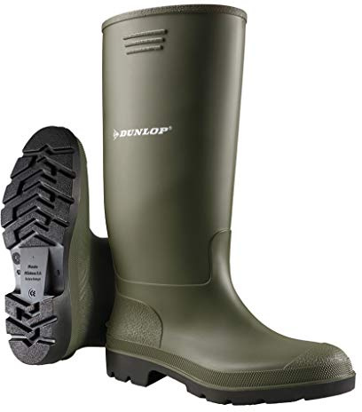 DUNLOP Pricemastor para hombre y mujer – Botas de agua y de caucho, impermeables, con puntera blanda – Resistentes a productos químicos – Altas – PVC – Verde/Negro – Tallas 36