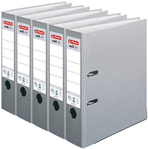 HERLITZ Ordner maX.file nature+ A4 8cm | Kraftpapierbezug selbstklebendes Rückenschild | 5er Sparpack in diversen Farben zur Auswahl (Grau, breit 8cm | 5er Pack)