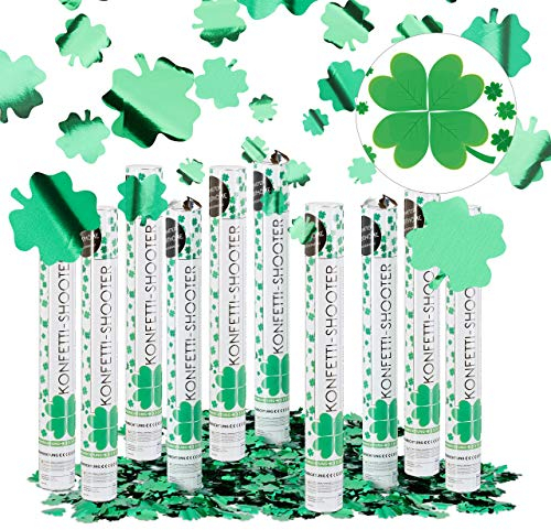 Relaxdays 10er Set Party Popper mit 4-blättrigem Kleeblatt, 40 cm Konfetti Kanone, Silvester Glücksregen, Fasching, Metallic grün