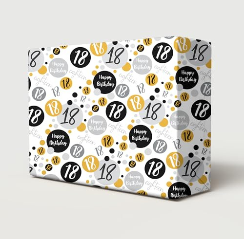 4 hojas + 4 etiquetas de regalo a juego, papel de regalo para 18 cumpleaños, color negro, dorado y plateado, para hombres y mujeres (PA)