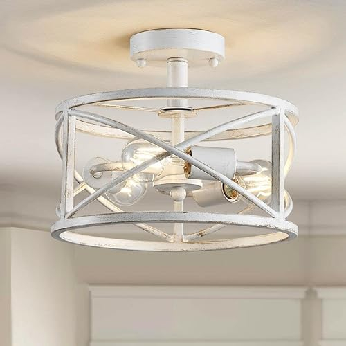 WUZUPS Kronleuchter 3-flammige Vintage Bauernhaus Industrie-Halbbündig-Deckenleuchte für Foyer Schlafzimmer Flur Abstellraum Küche Badezimmer, H 30 x B 24, E27 Sockel, Antik Weiß