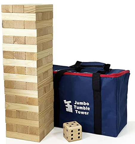 JacJoe All Pro Jumbo Holz-Trommelturm-Spiel mit Würfeln und Tragetasche, klassische Stapelspiele, 54 Stück, Bausteine für drinnen und draußen (Stapel 60 cm bis 150 cm)