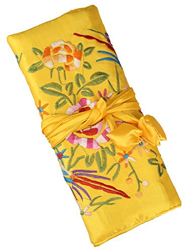 Rotolo di gioielli da viaggio, ricamo fiore e uccello broccato sacchetto di gioielli, sacchetto organizer per gioielli in broccato di seta con nastri chiusura cravatta, giallo