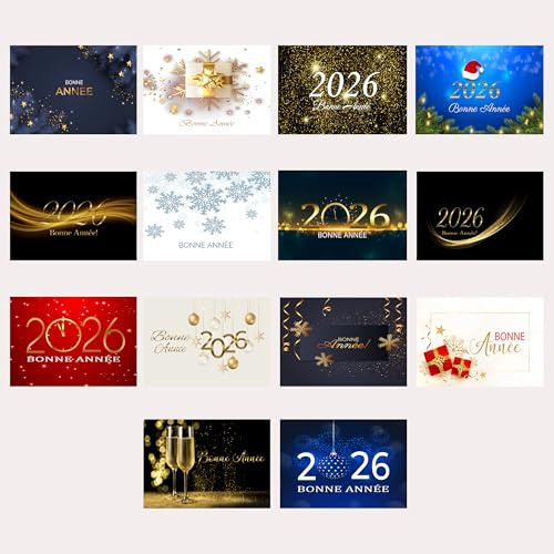 Cartes de vœux Bonne Année 2026 en français – Lot de 14 cartes avec enveloppes – Papier brillant 230g – Parfaites pour famille, amis ou collègues – Format au choix (Nouvel an 1)