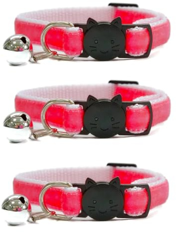 Velvet Cat Collars with Bell. Safe Breakaway Quick Release Buckle. Available in Cat & Kitten Size (Pack of 3) (Kitten Collar (15cm - 23cm), Fuchsia Pink Velvet (Pack of 3))