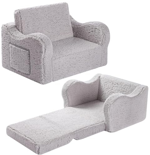 MOMCAYWEX Kids Sofa, 2-in-1 Flip-Out Foam Couch with Soft Sherpa Cover, Cozy Play Lounge Chair, Grey