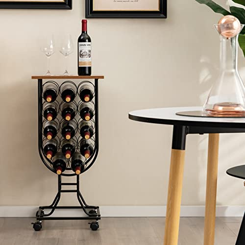 GOPLUS Botellero para 14 Botellas con Ruedas Extraíbles, Soporte para Vino con Marco de Metal y Tablero de Madera, Organizador de Almacenamiento de Licor para Casa Cocina Bar, 39×30×76 CM
