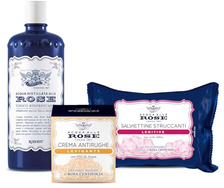 Acqua alle Rose, Kit Routine Viso Levigante, Azione Antirughe per Pelli Normali, contiene Tonico Rinfrescante, Crema Antirughe Levigante e Salviettine Struccanti Lenitive - Esclusiva Amazon