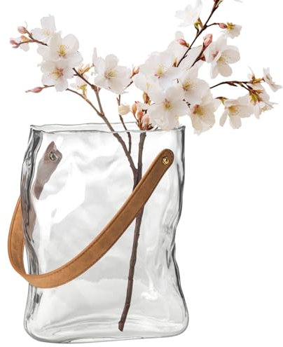 Torre & Tagus Glass Handbag Vase for Flowers with Handle - 9.5 Tall Clear Purse Vase & Handmade Glass Vase for Home Decor Centerpieces, 7.5x9.5 H, Clear