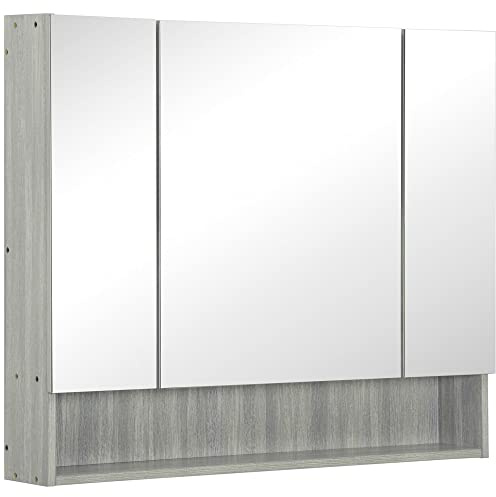 kleankin Specchio Bagno Contenitore 3 Ante Soft Close 90x15x75 cm Grigio | Mobile Bagno con Specchio, Ripiani Regolabili, Scomparto Aperto, Da Parete Salvaspazio, in Vetro