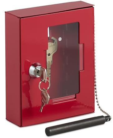 Relaxdays Cassette con Chiavi di Emergenza con Martelletto Rompivetro, Chiudibile, HLP: 15x12x5 cm, Vetro e Ferro, Rosso