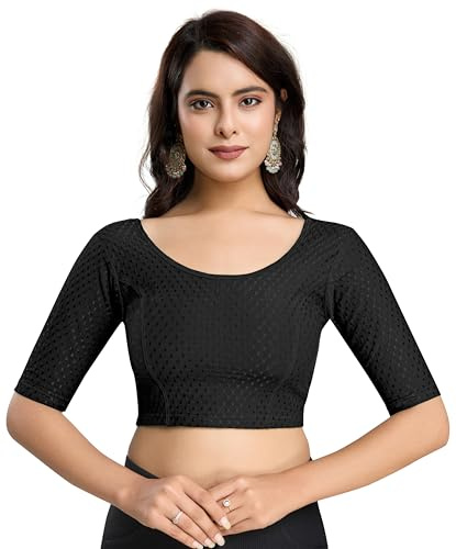 TRENDMALLS Women's Dobby Pure Cotton Elastin Stretchable Readymade Blouse (B01-Black-M)