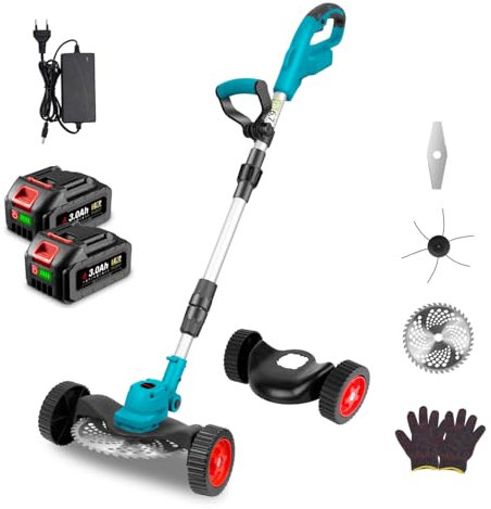 ONEVAN Freischneider Akku, Bürstenlos Rasentrimmer mit Akkus 2 3000mAh und Schnellladegerät, Klappbarer Griff, Akku Rasenkantenschneider Motorsense mit 9 Zoll Schneidklingen, Hilfsgleitrad