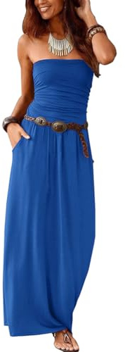 nicticsi Vestito Casual da Donna Senza Spalline Bohemian Abiti Lunghi Elegante Gonna da Spiaggia a Tinta Unita off Shoulder Tube Top Comodo e Traspirante Maxi Vestito Estate A Blu L