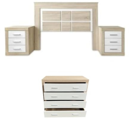IBERA HOME Set Completo de Dormitorio Kiara: Cabecero de Matrimonio, 2 Mesitas de Noche y Cómoda de 4 Cajones - Diseño Moderno y Elegante en Blanco y Cambria, Almacenamiento Funcional