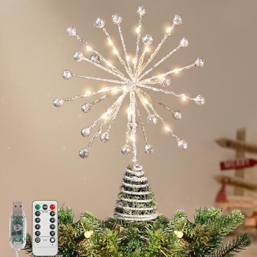 Lewondr Christmas Tree Topper, 10.63'' Metal Xmas 3D Burst Tree Topper with 30 LED Bulbs, USB and Remote Control Glittered Star Treetop, 6H Timer, 8 Light Modes Christmas Tree Decorations, Silver