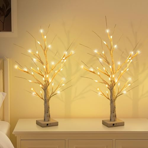 Set di 2 Alberi di Betulla con Luci LED, 60cm Albero Luminoso Decorativo con 24 LED Bianco Caldo, Alimentazione USB o Batteria, Albero Artificiale Illuminato per Natale Festa Pasqua Matrimonio Interni