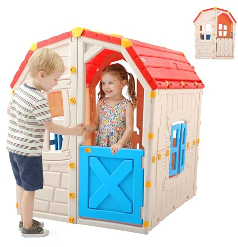 Costzon Outdoor Playhouse, Kids Cottage Clubhouse with Openable Windows & Door for Indoor Room, Garden and Backyard, Children’s Play Set for Pretend Play (Red & Blue)