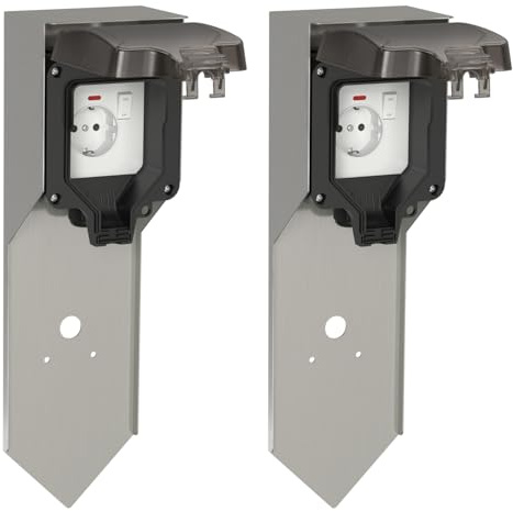 ledscom.de 2 x POXO Columna de Enchufe de jardín con piqueta de Suelo para Exteriores, IP65, Individual, Acero Inoxidable, Acero Inoxidable/Negro, Angular, 40 cm