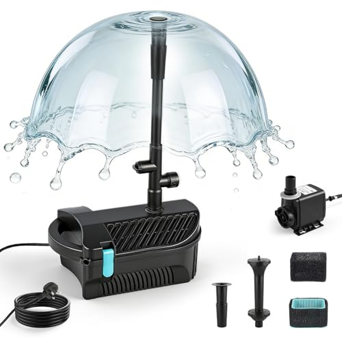 wowspeed Pompa per Laghetto da Giardino, 45W 2500L/H Pompa da Giardino con Ugelli 3 in 1, Prevalenza di 2,5m, Pompa Fontana con Filtro per Stagno, Fontana, Piscine, Giardino