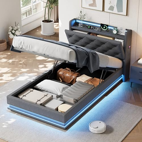 Ojjxh 3ft Single Upholstered Bed Frame with LED & USB Type-C Ports, Modern 90x190 Bed Frame with Pocket, Hydraulic Storage & Concealed Function Headboard and Slatted Frame, Linen, No Mattress (Grey)