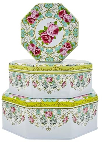 hadaaya Pack of 3 Octagon Shaped Cookie Tins with Lid, Mother's Day Multipurpose Nesting Storage for Cookies, Candy, Office Supplies, Pink & Green French Gilded Roses Design